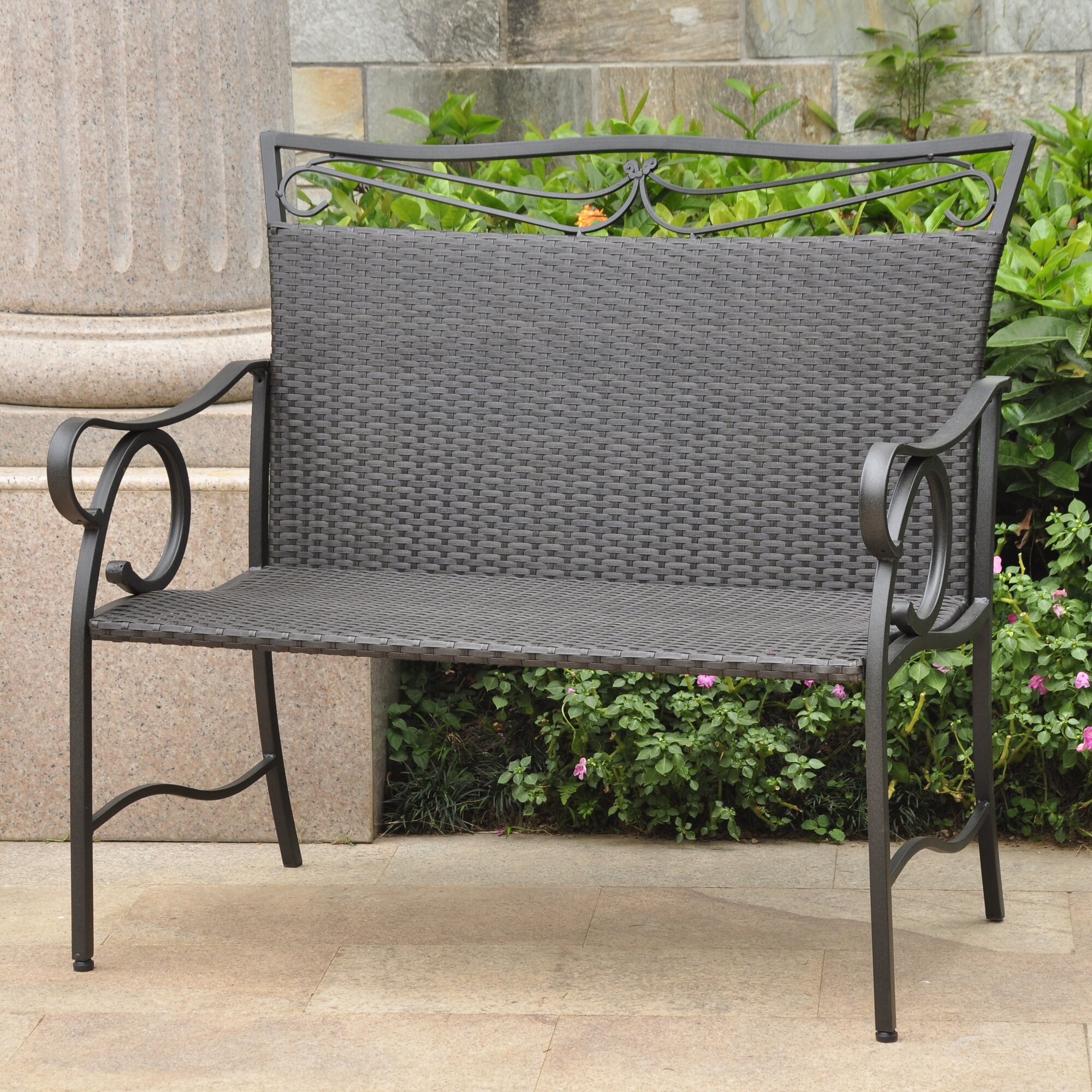 Three Posts Meetinghouse Iron Wicker Resin Garden Bench & Reviews